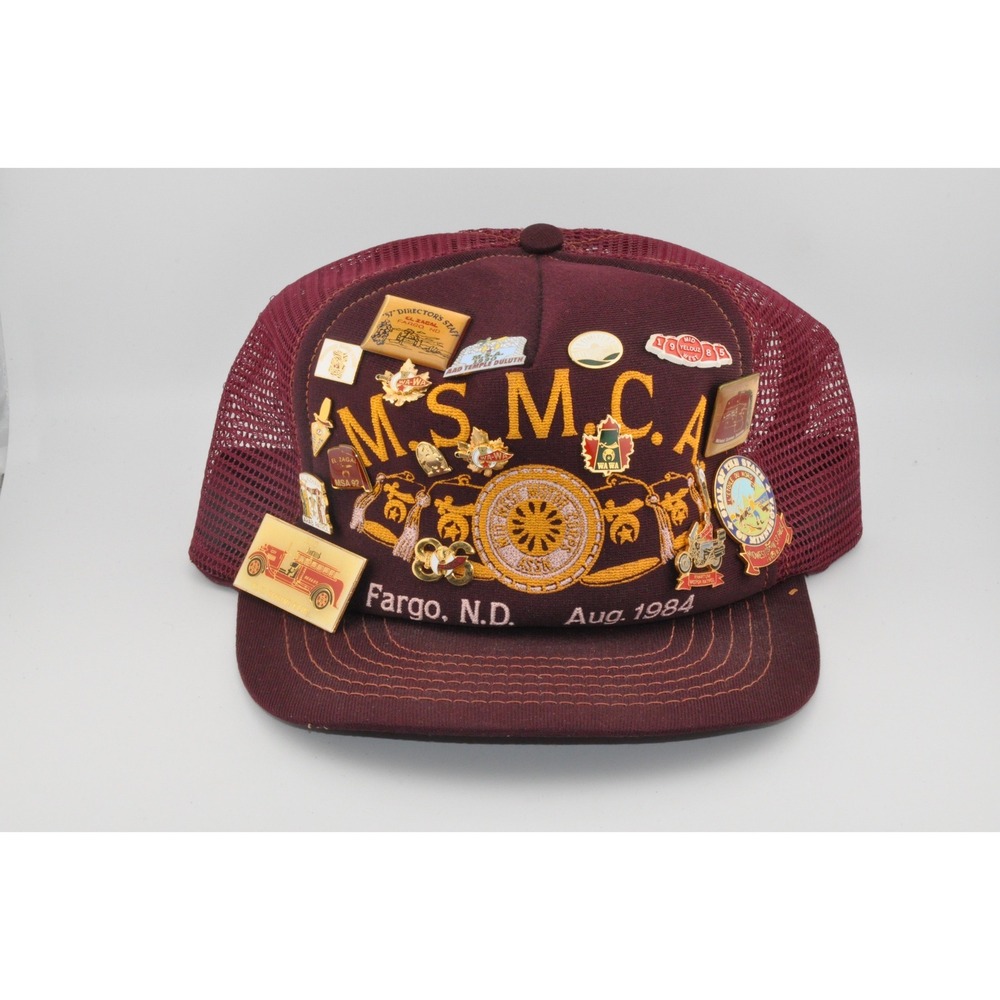 M.S.M.C.A. Trucker Hat Maroon Good Vintage 1984 Fargo ND Shriner Pins